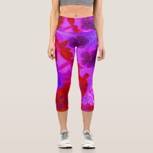 Leggings Capri Flores bonitas de gardenia phlox púrpura y roja