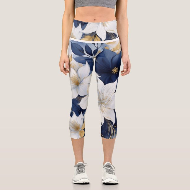 Leggings Capri Flores Botánicas Azules y Blancas (Anverso)
