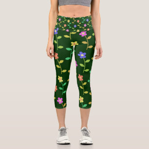 Leggings Capri Flores Coloridas, Patrón Floral, Verdor, Boho