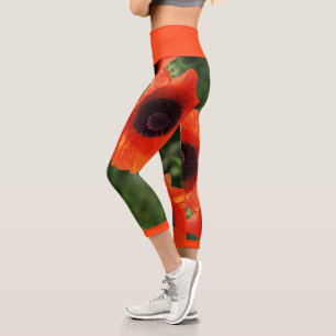 Leggings Capri Flores de amapola rojas Pastel Estilizadas Piernas