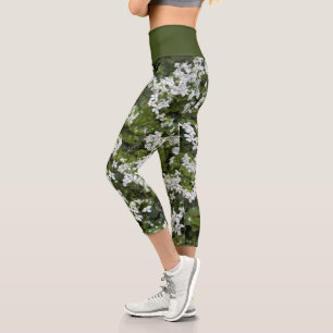 Leggings Capri Flores de amargo blanco y floral de follaje verde