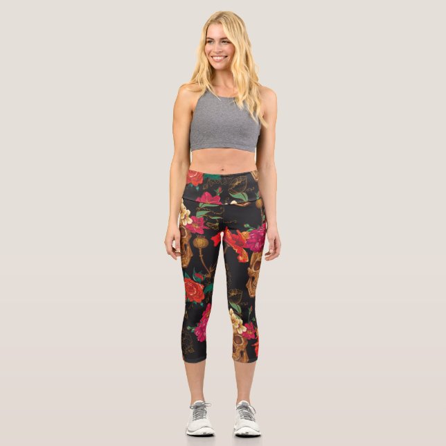 Leggings Capri Flores De Calavera: Fondo Oscuro Sin Marea. (Anverso)