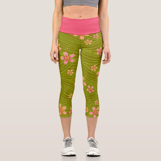 Leggings Capri Flores de cerezo en verde (Anverso)