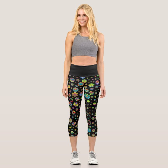 Leggings Capri Flores de color negras y extravagantes (Anverso)