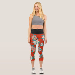 Leggings Capri flores de color rojo y rosa y blanco