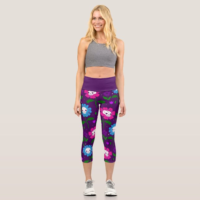 Leggings Capri flores de cráneo floral de halloween morado (Anverso)