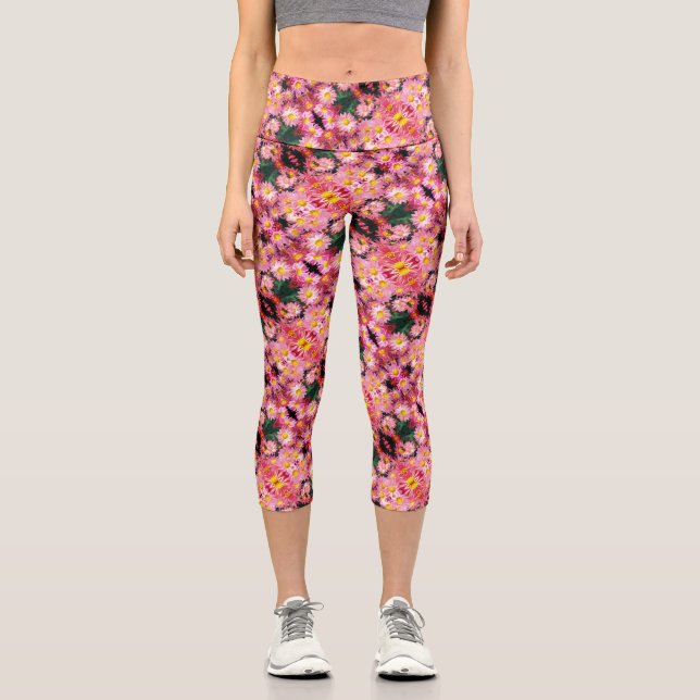 Leggings Capri Flores De Daisy Rosa Y Patrón De Abejas De Burbuja (Anverso)