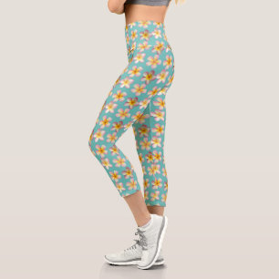 Leggings Capri Flores de Frangipani Plumeria Pastel sobre Turques