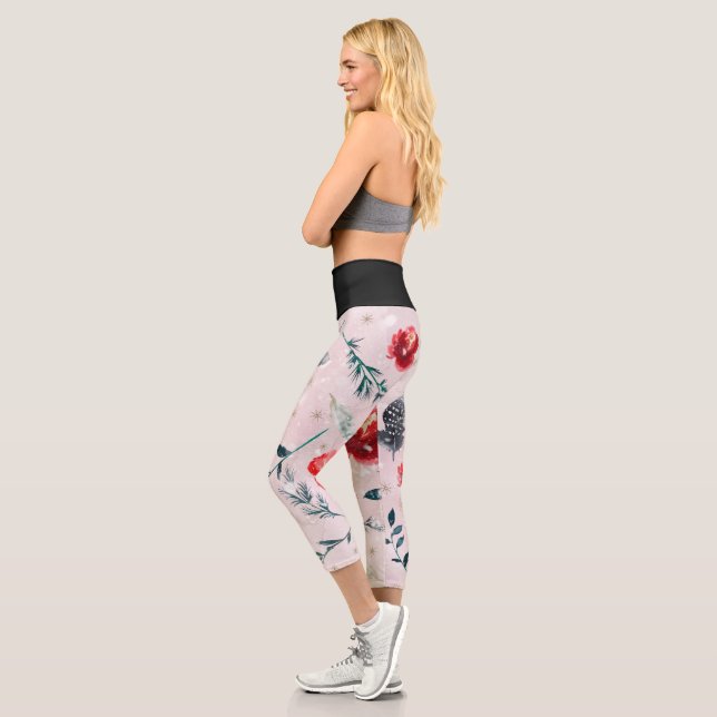 Leggings Capri Flores de Navidad Hojas Patrón Boho (Izquierda)
