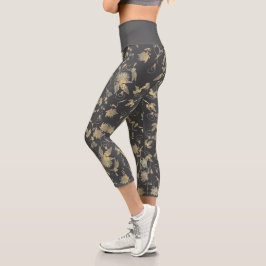 Leggings Capri Flores de oro elegantes y modernas sobre gris oscu