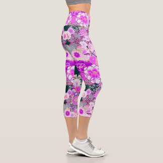 Leggings Capri FLORES DE PINO BLANCO Rosas Jóvenes Florales Japon