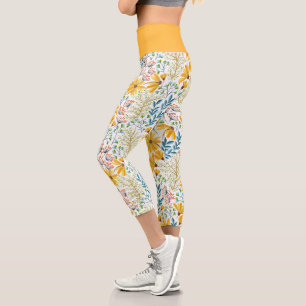 Leggings Capri Flores de primavera amarillas, Verde azuladas y ro