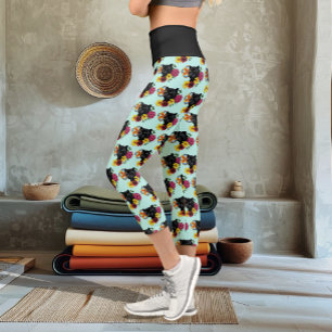 Leggings Capri Flores de retrato jaguar negro