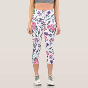 Leggings Capri Flores de salvia rosadas rosadas delgadas acuarela