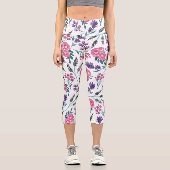 Leggings Capri Flores de salvia rosadas rosadas delgadas acuarela (Anverso)