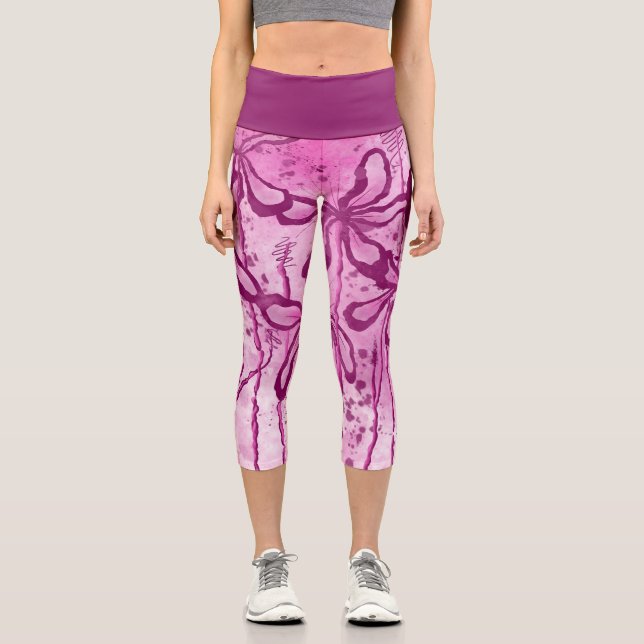 Leggings Capri Flores de tinta abstracta rosa (Anverso)