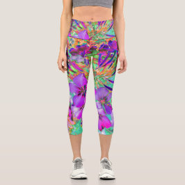Leggings Capri Flores dramáticas psicodélicas magenta y púrpura