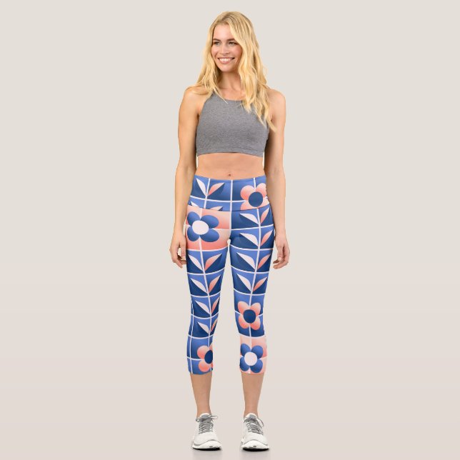 Leggings Capri Flores estilizadas retro: patrón mosaico. (Anverso)