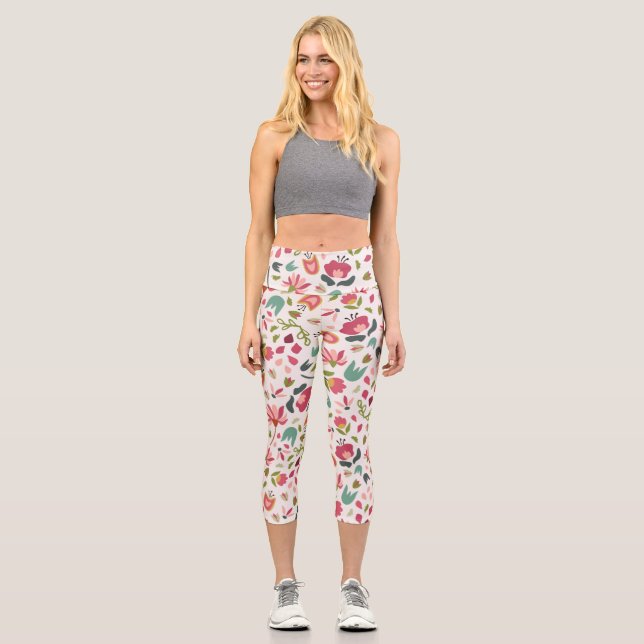 Leggings Capri Flores florales rosadas y mullidas (Anverso)