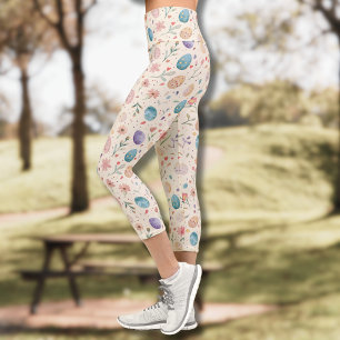 Leggings Capri Flores Hojas Huevos de Pascua al estilo Acuarela V