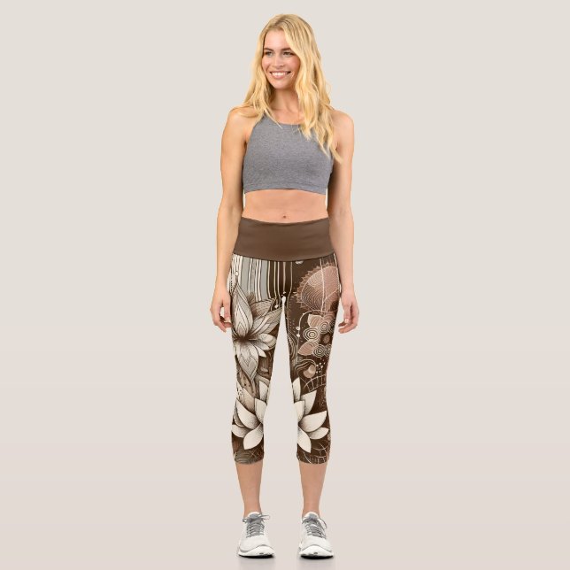 Leggings Capri Flores Modernas De Lotus En Sepia (Anverso)