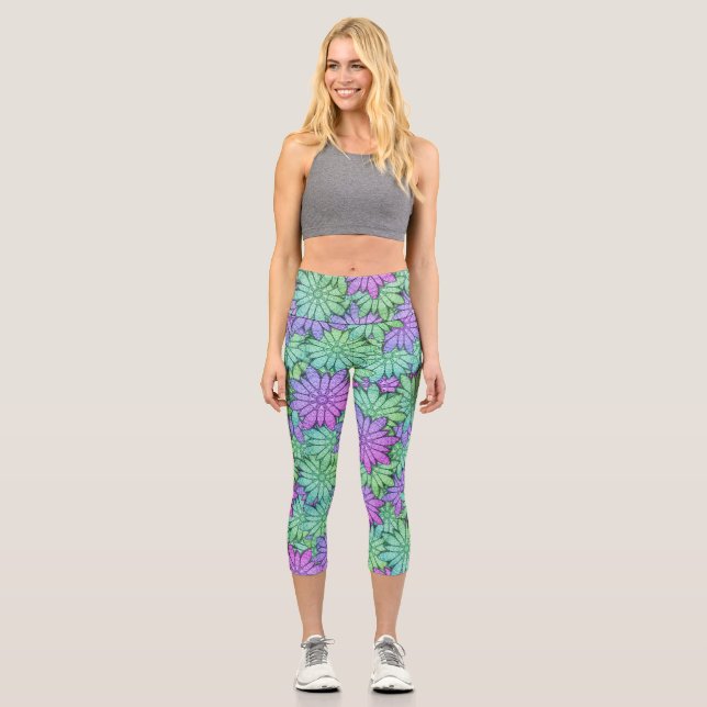 Leggings Capri Flores moradas y verdes divertidas (Anverso)