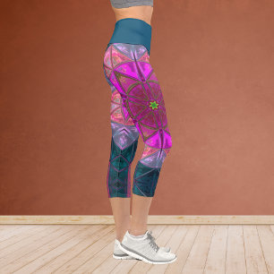 Leggings Capri Flores Mosaic Kaleidoscope Flor rosa y Piernas azu