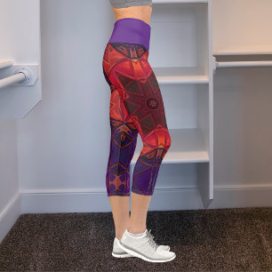 Leggings Capri Flores Mosaicas Kaleidoscopio Flores Rojas y Púrpu