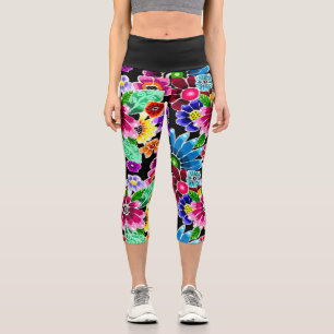 Leggings Capri Flores musicales multicolor de arte folclórico ros