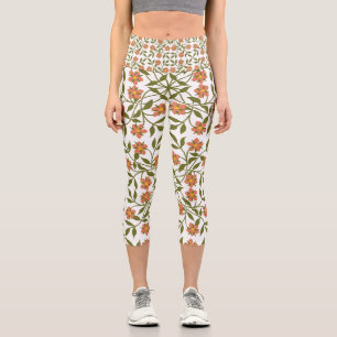 Leggings Capri Flores Naranjas, Patrón Floral, Verdor, Boho