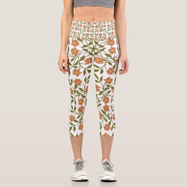 Leggings Capri Flores Naranjas, Patrón Floral, Verdor, Boho (Anverso)