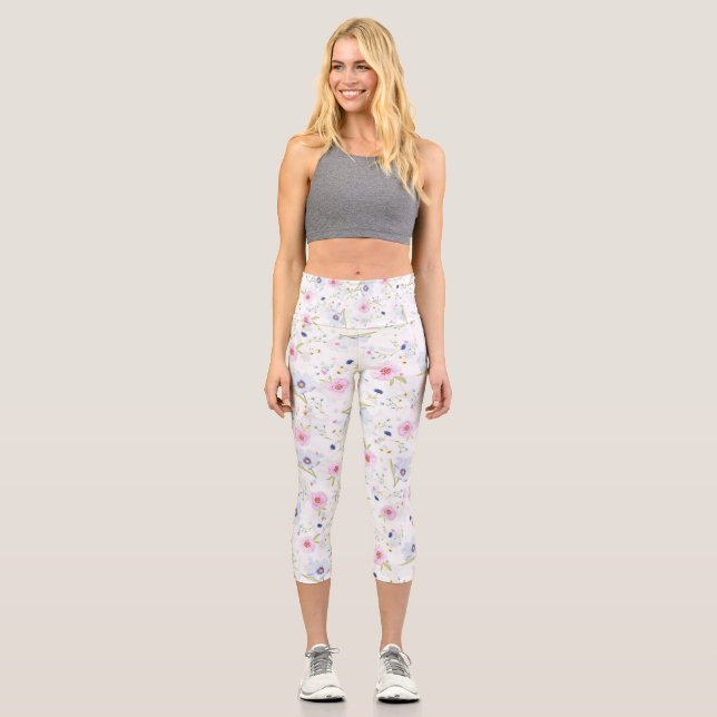 Leggings Capri Flores Pastel Azul Y Rosa bonito (Anverso)