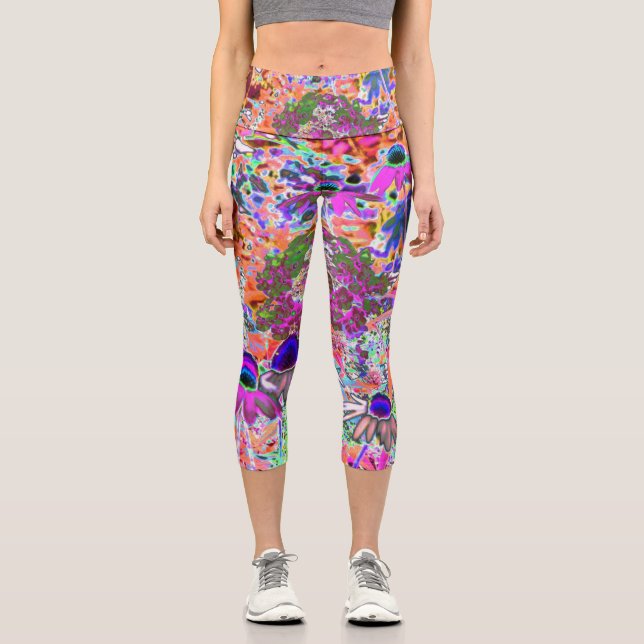 Leggings Capri Flores psicodélicas de jardín verde de cal y rosa  (Anverso)