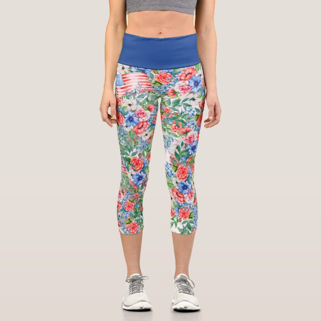Leggings Capri Flores Rojas Blancas Y Azules Patrióticas 4 De Jul (Anverso)