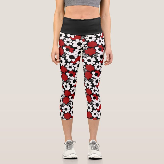 Leggings Capri Flores rojas, negras y blancas caprichosas (Anverso)
