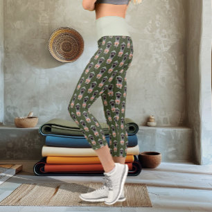 Leggings Capri Flores Rosa Avestruz Verde Oliva Art Déco