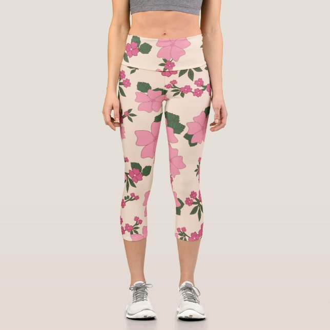 Leggings Capri Flores Rosa, Patrón Floral, Patrón De Flores (Anverso)