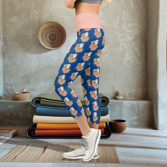 Leggings Capri Flores rosadas de búho barn azul (Subido por el creador)