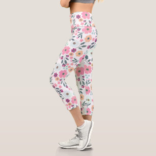 Leggings Capri Flores rosadas Diseño botánico blanco