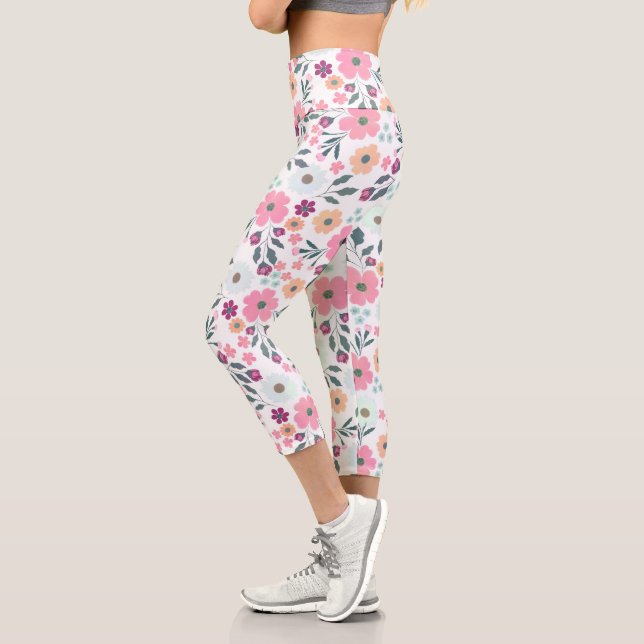 Leggings Capri Flores rosadas Diseño botánico blanco (Izquierda)