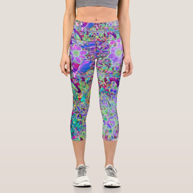 Leggings Capri Flores rosadas y moradas trippy (Anverso)