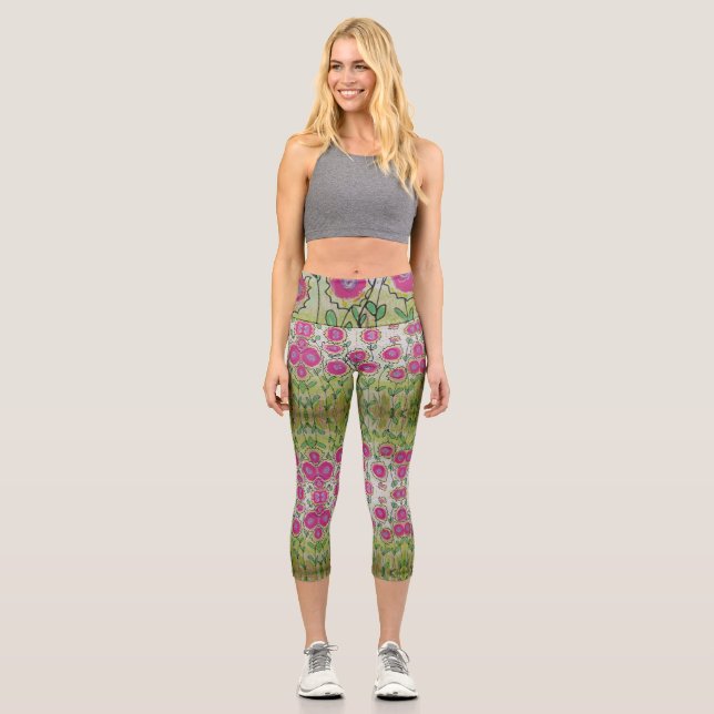 Leggings Capri Flores rosas hojas verdes (Anverso)