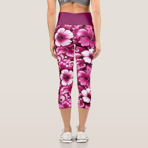 Leggings Capri Flores tropicales hawaianas Hibiscus Pink White
