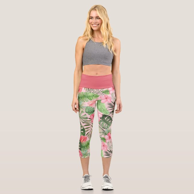Leggings Capri Flores tropicales rosas y verdes (Anverso)