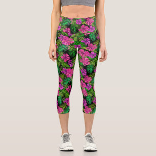 Leggings Capri Flores y plantas tropicales sobre negro