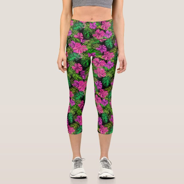 Leggings Capri Flores y plantas tropicales sobre negro (Anverso)