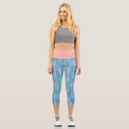Leggings Capri Fondo azul de flecha blanca rosada Boho