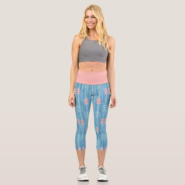 Leggings Capri Fondo azul de flecha blanca rosada Boho (Anverso)