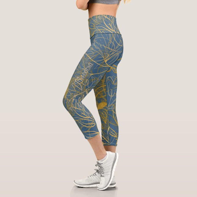Leggings Capri Fondo azul de la hoja dorada clásica (Izquierda)