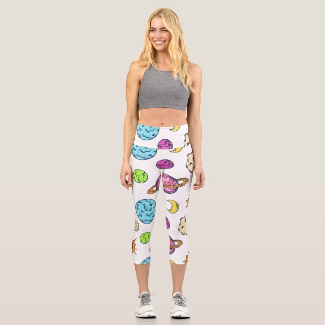 Leggings Capri Fondo cósmico de Doodles espaciales (Anverso)